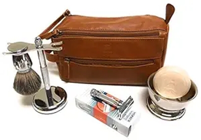 Men's Shaving Set- Double Edge 34001 Safety Razor, Badger Bristle Hair Brush, Dual stand, Chrome Shaving Bowl, Natural shave Soap, Blade and Doppler Bag