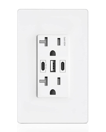 GaN 65W 6Amp 3-Port USB Wall Outlet, 20 Amp Tamper-Resistant Receptacle with 2 USB Type C & 1 Type A Port, USB Charger for USB-C Laptop/iPhone/Samsung/LG, UL Listed