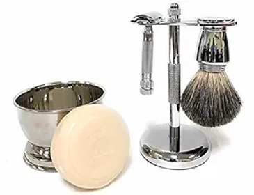 Men’s Shave Set, Double Edge Safety Razor, Badger Hair Shaving Brush, Brush and Razor Stand, Chrome Shaving Bowl, Natural Shaving Soap and Blades