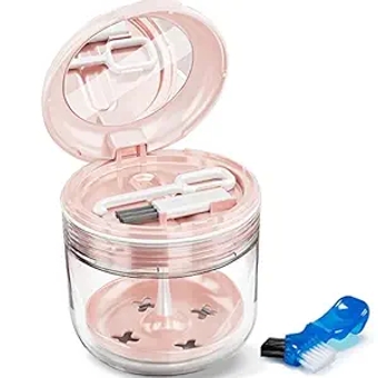 Denture Cups for Soaking Dentures with Strainer Basket, Portable Denture Case Box & Retainer Cleaner Case with Denture Brush and Mirror, No-Leak Denture Holder for Travel (Pink)