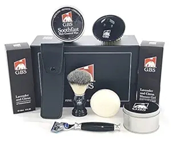 Men’s Grooming Kit, Scalp Shampoo Brush, Shower Gel, natural shaving soap, Synthetic Shaving Brush, Blade Compatible Razor with Case, Aftershave Balm Hair Wax Gel