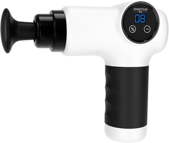 - SmartGun Pro – Therapeutic Deep Tissue Percussion Massager – for Muscle Soreness – with Interchangeable Heads and 8 Intensity Levels – USB Rechargeable – White
