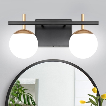 Black Gold Bathroom Light Fixtures, 2-Light Mid Century Modern Vanity Light Over Mirror, Globe Bathroom Vanity Light with Milky Glass, Wall Light for Bathroom (14.56 inch)