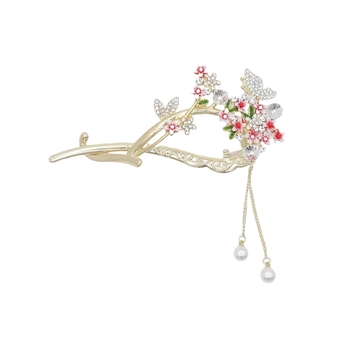Cherry Blossom Flower Claw Clips Hair Stick Hairpin for Women, Camellia Cherry Blossom Butterfly Hair Claw Clips with Tassel Metal Pearl Nonslip Clamps Accessories for Thick Long Hair (Style 1)