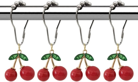 Decorative Cherry Shower Curtain Hooks Rings for Bathroom Shower Rod - Rust Proof Metal Stainless Steel Curtain Ring Set of 12 with Red Cherry Resin Decor Pendant Fruit Collection Style Design