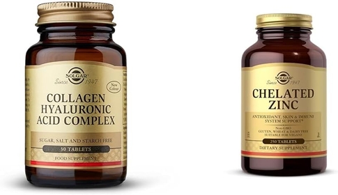Collagen Hyaluronic Acid Complex, 30 Tablets - Hydrolyzed Collagen Type 2 - Helps & Chelated Zinc, 250 Tablets - Zinc for Healthy Skin - Supports Cell Growth & DNA Formation