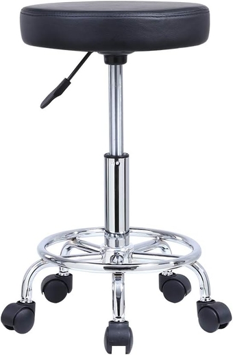 PU Leather Round Rolling Stool with Foot Rest Swivel Height Adjustment Spa Drafting Salon Tattoo Work Office Massage Stools Task Chair Cushion 14 inches (Black)