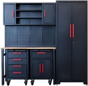 6-Pcs Workshop Cabinet Set in Black with Workbench - Perfect for Organizing Garage and Tools - Included Steel Cabinets Drawers Shelving Rolling Chest 81.5"L 18.5"D 76"H Assembled Cabinet Kit