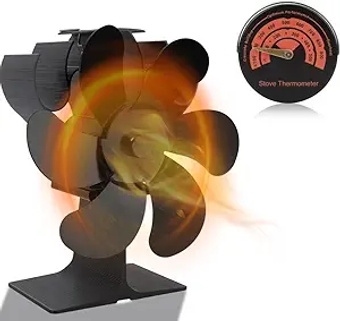 Wood Stove Fan, 6 Blades Heat Powered Stove Fan with Magnetic Thermometer, Fireplace Fan, Wood Burning Stove Fan, Non Electric Fan for Wood/Gas/Log Burner Stove Black
