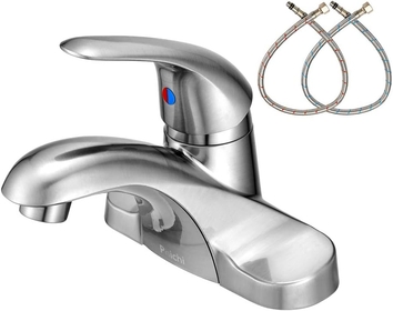 4 inch Centerset Single Handle Brushed Nickel Bathroom Faucet, Low Arc 3 Hole Basin Mixer Tap Vanity Sink Faucets with Hot & Cold Water Supply Lines