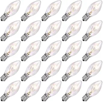 25 Pack C7 Clear Replacement Bulbs, C7 Outdoor Christmas String Light Bulbs, 5 W Night Light Bulbs Incandescent Bulbs for C7/ E12 Candelabra Base Christmas Outdoor String Lights- Clear
