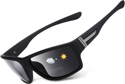 Premium Lightweight Photochromic Bifocal Reading Sunglasses TR90 Frame Wrap Around Design Blue Light Blocker UV 400 Protection Outdoor Sun Reader Driving/Fishing/Running/Cycling (Black +2.0)