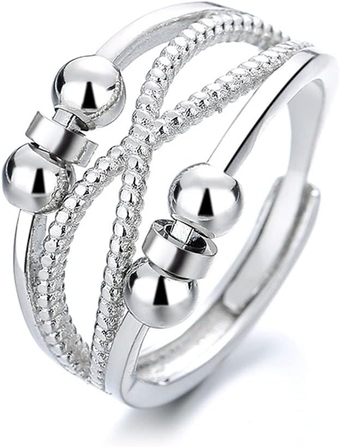 Vintage Three Layers Beaded Ball Rotatable Open Ring for Women Teen Girls Fashion Anti Anxiety Stress Relief Spinner Fidget Peace Rings Dainty Statement Stacking Finger Knuckle Rings for Girlfriend Bff Xmas Valentines Gifts