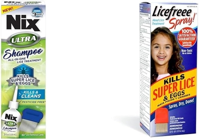 Ultra Superlice Treatment All-in-One Shampoo, 3 fl oz & Lice Removal Comb + Licefreee Head Lice Spray, 6 Fl Oz - Metal Nit/Lice Comb