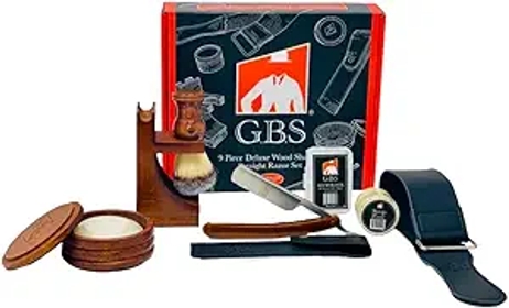 Complete Professional Wet Shave Kit Shaving Set- Shave Box Includes 5/8" Inch Carbon Steel Straight Razor with Wooden Handle, Synthetic Hair Shave Brush, Wood Shave Soap Bowl
