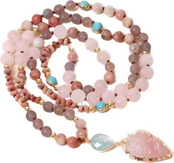 SofiaCreations Natural Rose Quartz Arrowhead Pendant108 Beads Mala Prayer Healing Crystal Necklace