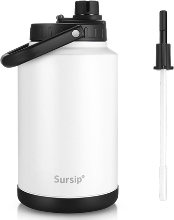 ursip One Gallon Insulated Water Jug wtih Straw,128 Oz Water Bottle,18/8 Food-grade,Keep Drinking Hot and Cold,Sweat Proof,Great for Travel/Hiking/Camping/Sports/Gaming/Gift(White)