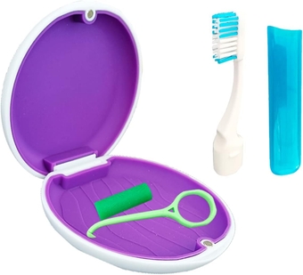 Alliph Slim Retainer Case Traveling Retainer Holder Mouth Guard Case Magnetic Close Water Proof Denture Case with 1 Remover Tools 1 Chewies and Rubber pad (Hi-Purple)