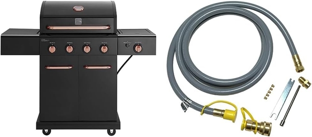 4 Burner Cabinet Style Propane Gas BBQ Grill with Searing Side Burner, 52000 Total BTU, Black and Copper | Propane to Natural Gas Conversion Kit