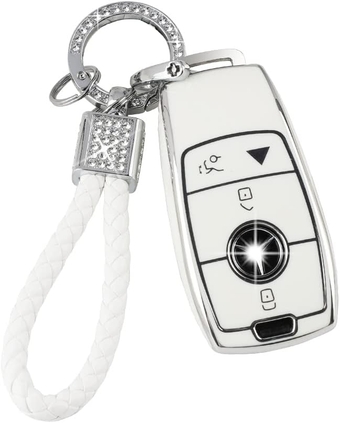 White Key Fob Cover for Mercedes Benz GLC GLE GLA GLB GLS A C E G S AMG Class Accessories Soft TPU Car Smart Keys Case Bling Keychain Full Protection Girly Women