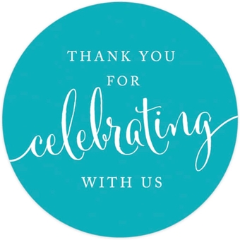 Circle Gift Label Stickers, Thank You for Celebrating with Us, Aqua, 40-Pack, Round Thanks for Bridal Anniversary Celebration, Graduation, Sweet 16 Birthday, Boxes, Bags,and Presents
