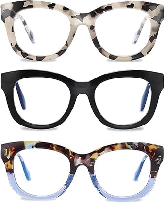 Readers for Women Oprah Style 3 Pack Square Oversized Reading Glasses with Spring Hinge Blue Light Blocking Ladies