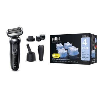 Electric Razor for Men, Waterproof Foil Shaver, Series 7 7075cc, Wet & Dry Shave, with Beard Trimmer, Rechargeable with Clean & Renew Refill Cartridges, 6 Count, Pack of 1