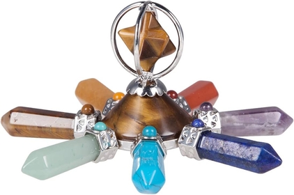 Handmade 7 Chakra Crystal Merkaba Star Pyramid Conical Energy Generator, Healing Reiki Crystal Point Hexagonal Prisms Seven Direction, Tiger's Eye