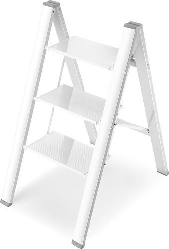 3 Step Ladder, Folding Step Stool with Anti-Slip Sturdy and Wide Pedal for Adults&Kids, Aluminum Portable Lightweight Stepladder for Home Kitchen Closet, White, 330lbs