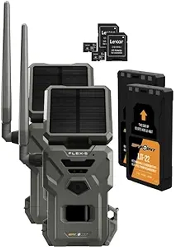 Flex-S Solar Cellular Trail Camera (2 PK) Integrated Solar Panel, LTE Connectivity, 100-foot Flash/Detection Range, Internal Battery + Two 32GB Micro SD Cards + Two LIT-22 Batteries