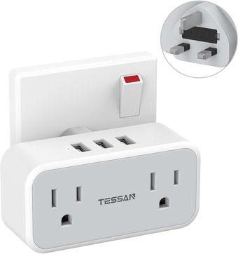 US to UK Plug Adapter, Type G Power Adapter with 2 Outlet 3 USB Charger, Travel for USA to Ireland England Scotland Dubai Kenya London British Qatar Irish Hong Kong Fuse Converter Adaptor