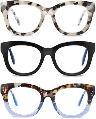 Readers for Women Oprah Style 3 Pack Square Oversized Reading Glasses with Spring Hinge Blue Light Blocking Ladies