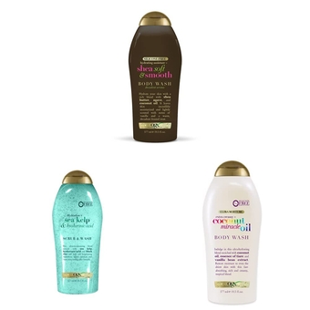 Hydrating Moisture + Shea Soft & Smooth Body Wash, Coconut, 19.5 Fl Oz & Sea Kelp & Hyaluronic Acid Body Scrub & Wash 19.5 fl oz & Extra Creamy + Coconut Miracle Oil Ultra Moisture Body Wash