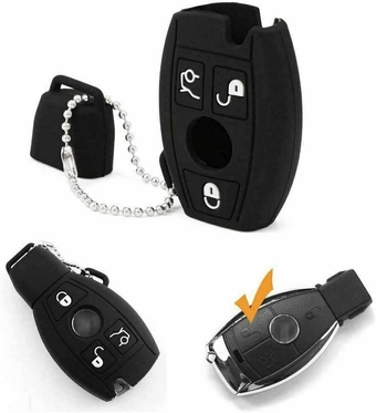 Xotic Tech Black Soft Silicone Key Fob Shell Cover Case w/ Keychain, Compatible with Mercedes Benz C E R S M GLK CLA CLK GLS W164 W204 W205 S204 S205 W212 W221 3-Button Smart Keyless Entry Key