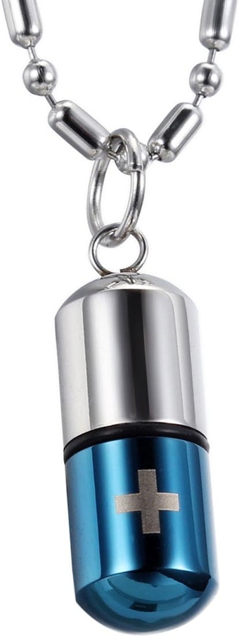 Stainless Steel Pill Case Capsule Cross Medicine Keepsake Pendant Necklace Mens Unique Pendant Necklace for Women,Silver and Blue 22 inch Chain Include