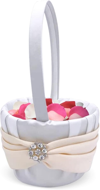 Handmade Flower Girl Basket, Classy Flower Girl Baskets for Weddings with Elegant Appliques & Pleated Bow, Customizable Basket with Handle, Satin White & Ivory, 7 x 3.75 inches