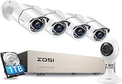 Home Security Camera System with Audio, 5MP Lite 8 Channel H.265+ CCTV DVR with 1TB Hard Drive,4pcs 1920TVL Indoor Outdoor Surveillance Cameras&C611 2K WiFi Indoor Home Security Camera