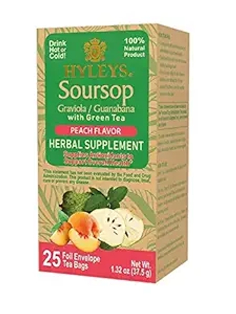12 Pack of Hyleys Wellness Natural Soursop With Green Tea Peach Flavor - 25 Tea Bags (100% Natural, Sugar Free, Gluten Free & Non-Gmo)