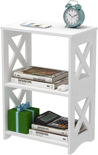 3-Tiers Side Table, Narrow End Table with Storage Shelf, Simple Bedside Table Nightstand, Small Bookshelf Bookcase, Display Rack for Bathroom, Bedroom, Living Room and Office, White