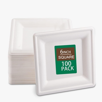 6-Inch Compostable Paper Plates, 100 PCS Square Biodegradable Bagasse Plates, Heavy-Duty Microwaveable Plates, Eco-Friendly Natural Disposable Plates, Made of Sugarcane Fibers, for Party, Picnic