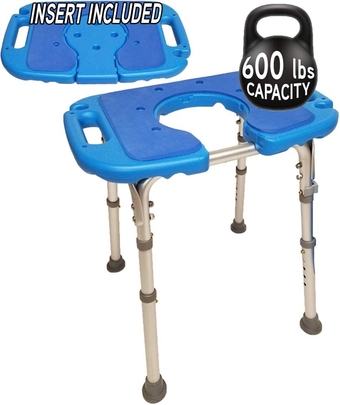 Atlas Deluxe Bariatric Shower/Bath Bench, 600lb. Capacity, Padded with Cutout and Insert. Heavy Duty Shower Chair/Stool with Adjustable Height and XL Seat