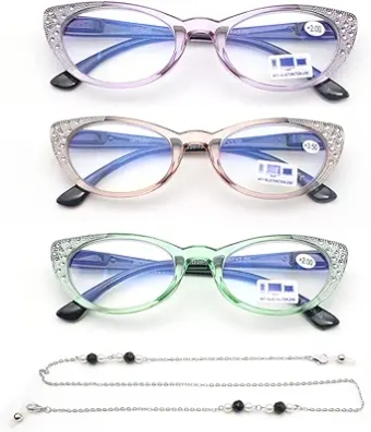 3-Pack Reading Glasses for Women, Fashion Cat Eye Blue Light Blocking Readers with Spring Hinges, Anti-Glare/UV Rays