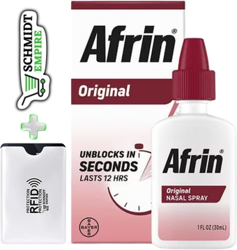 Afrin Original Maximum Strength 12 Hour Nasal Congestion Relief Spray 1 FL OZ (30mL) + 1 Card Protector SchmiidtEmpire + Sticker (Pack of 1)