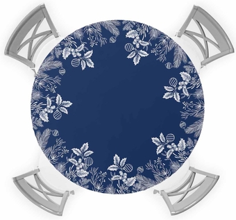 Christmas Flower Round Tablecloth Fitted Table Cover, Elastic Tablecloths Waterproof Outdoor Indoor Stretch Cloth Tablecover for Dinner, Party, Shower, Blue Winter Pine Tree Berry Leaves 36-44IN