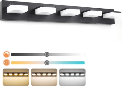3 Colors Dimmable Black Vanity Light LED Bathroom Light Fixtures over Mirror Acrylic Stainless Steel Vanity Lighting Fixtures 5 Light Bathroom Vanity Light Fixtures, Adjustable 3000K/4000K/6000K