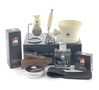 Men’s Shaving Kit- 5 Blade Razor w/Stand, Cologne, Shaving Mug Knob Handle, Badger Brush w/Stand, Sandalwood Aftershave, Hair Wax w/Folding Comb Case Natural Shaving Soap Grooming Kit