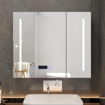 Bathroom Mirror Cabinet,29.5" Wall Mounted Double Door Mirror Cabinet Organization, Medicine Cabinets Mirror with Lighting & Mist Eliminator, Moisture Resistant,Above Toilet Storage Grey