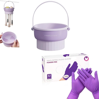 100PCS Non-latex Disposable Gloves,Powder Free Medium Purple Nitrile Gloves with 3 in 1 Silicone Makeup Brush Cleaner Bowl for Cleaning,Drying,Storage Makeup Brushes