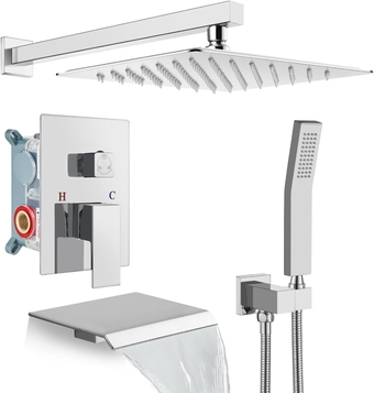Rain Shower Faucet System Set Rainfall Shower Head with Handheld Sprayer Waterfall Tub Spout Wall Mounted Mixer Combo Rough-in Valve and Trim Included 10-inch Chrome Polished