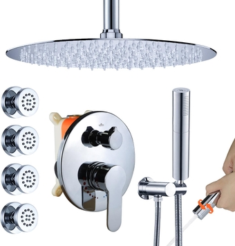 Shower System with Body Spray Jets and 16 Inch Round Shower Head Ceiling Mount High Pressure Shower Faucet Set Complete with 2 in 1 Function Handheld
